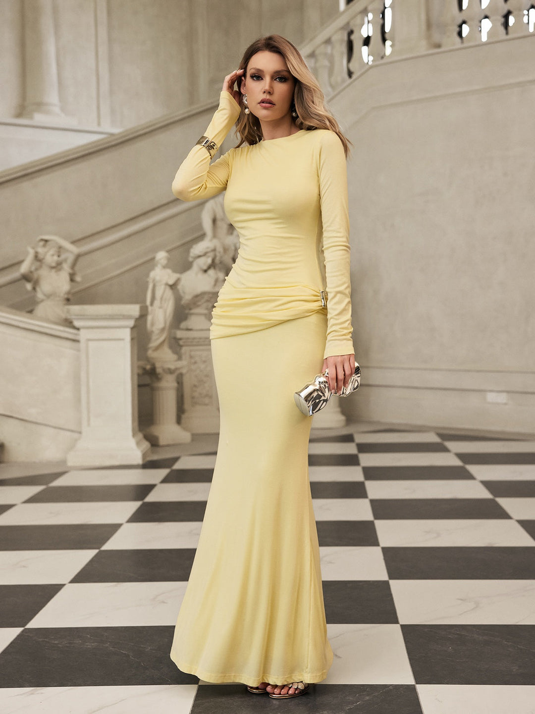 Paeltrix Long Sleeve Ruched Maxi Dress In Butter Yellow