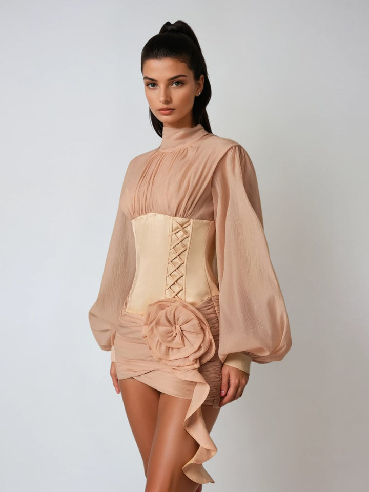 Sukienka mini z długim rękawem i gorsetem Gyrax w kwiaty 