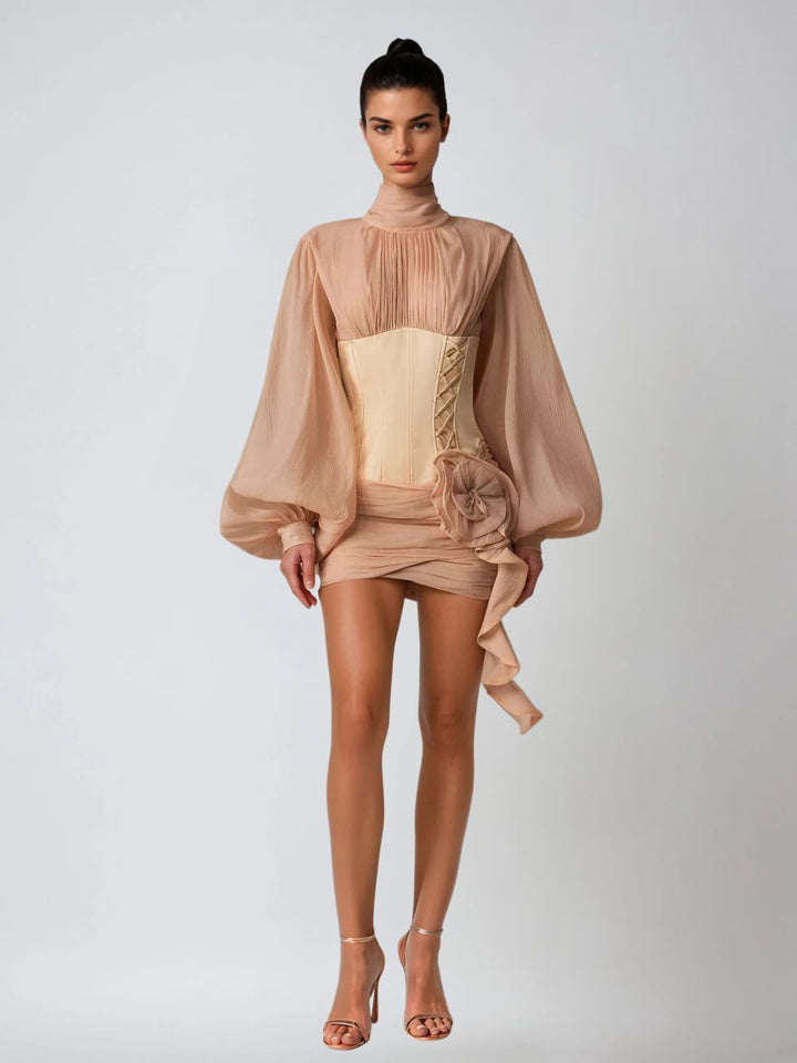 Sukienka mini z długim rękawem i gorsetem Gyrax w kwiaty 