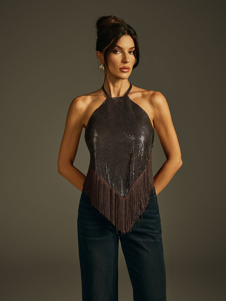 Jaelon Halterneck Sequin Fringe Top