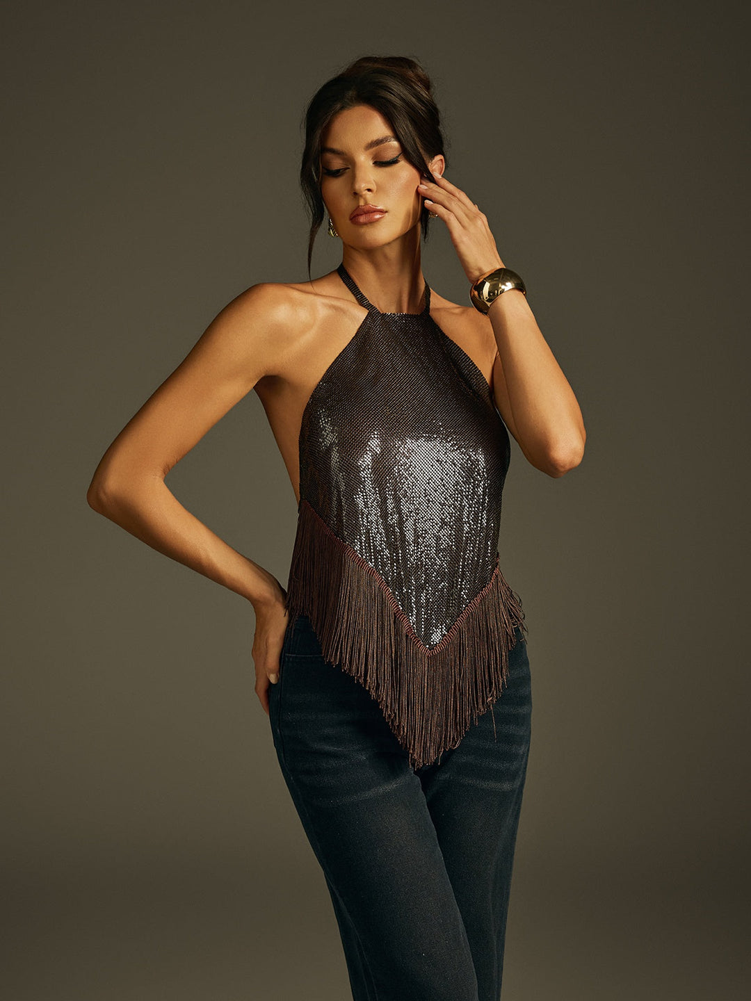 Jaelon Halterneck Sequin Fringe Top