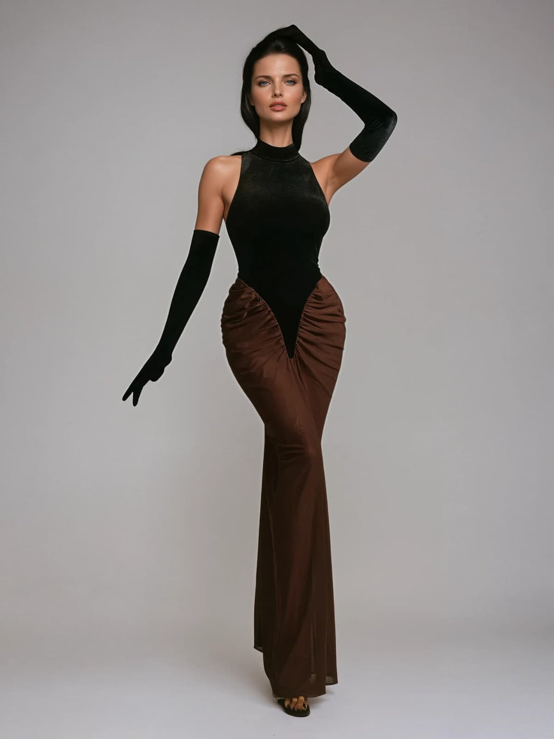 Lenore Halterneck Velvet Maxi Dress With Gloves