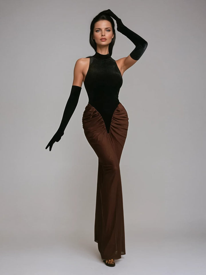 Lenore Halterneck Velvet Maxi Dress With Gloves