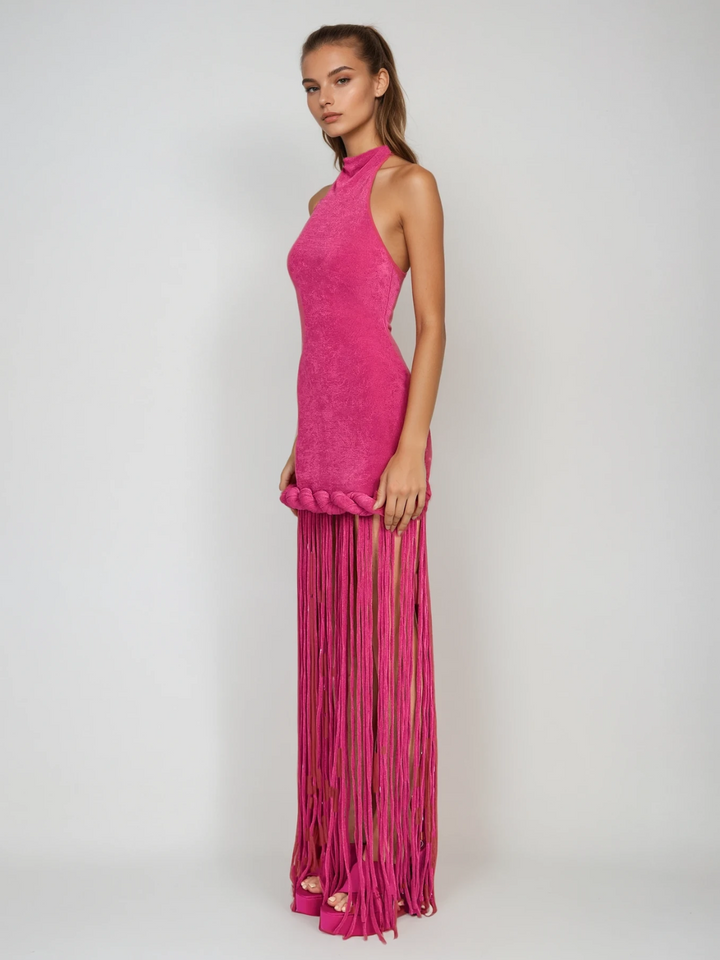 Litonya Halterneck Fringe Velvet Maxi Dress