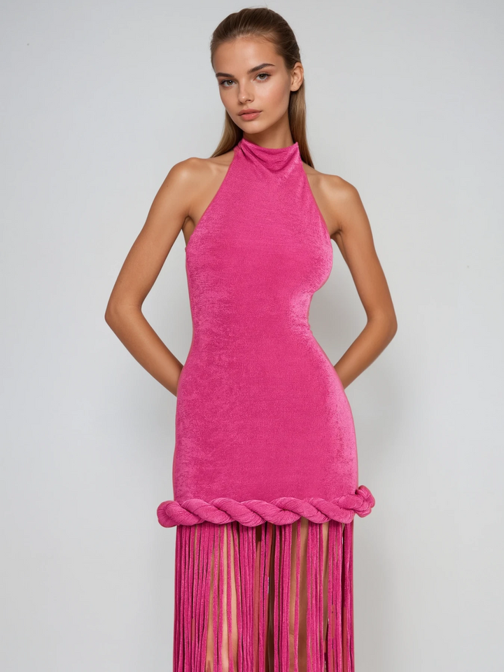 Litonya Halterneck Fringe Velvet Maxi Dress