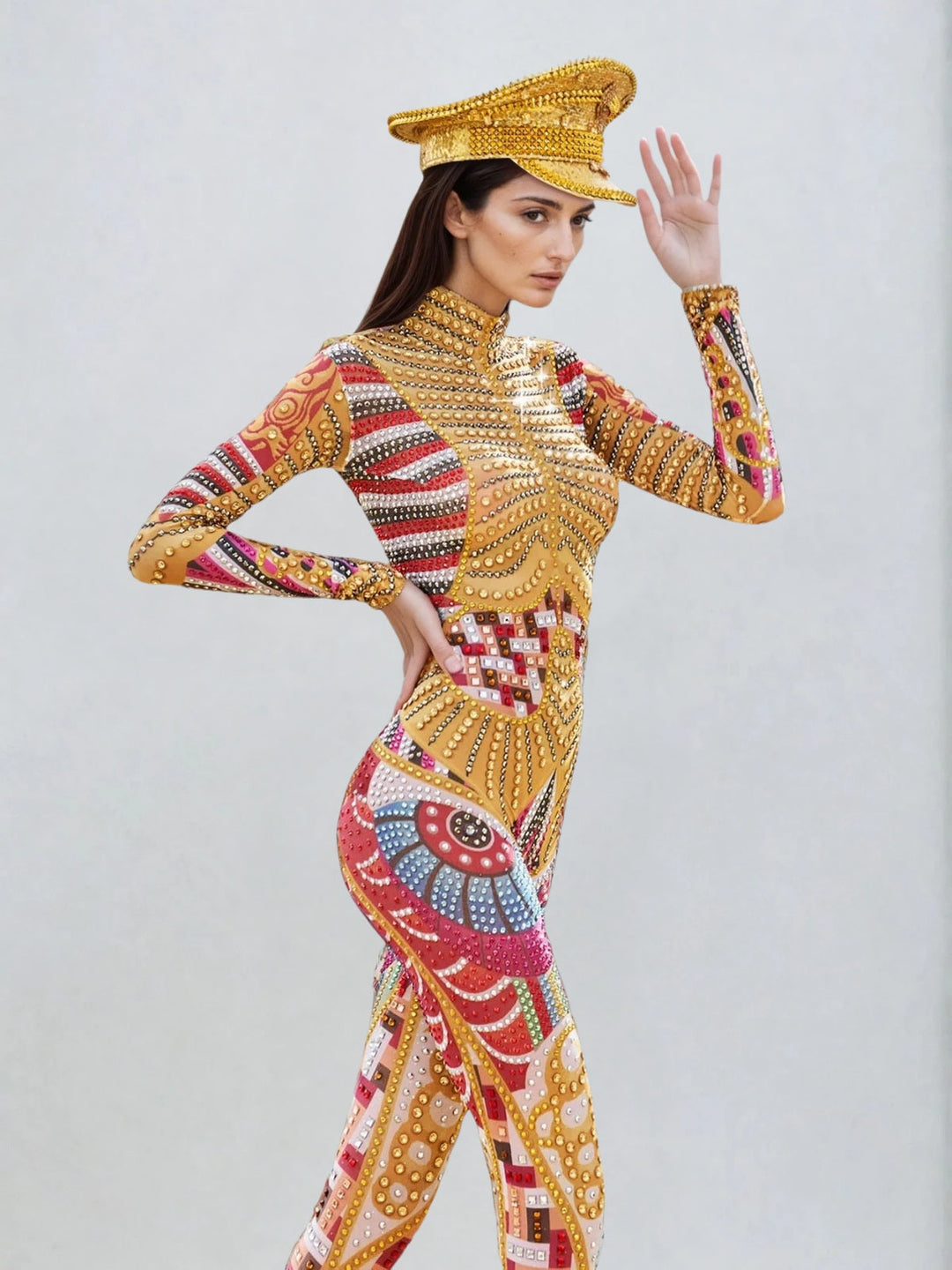 Mazra Long Sleeve Printed Embellished Jumpsuit