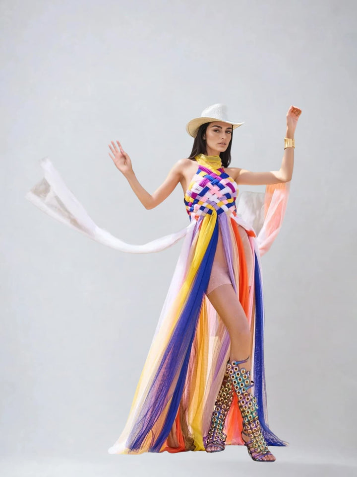 Meyren Backless Weave Mesh Maxi Dress