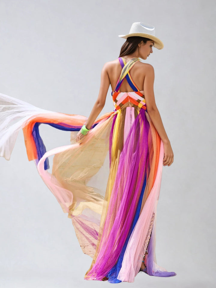 Meyren Backless Weave Mesh Maxi Dress