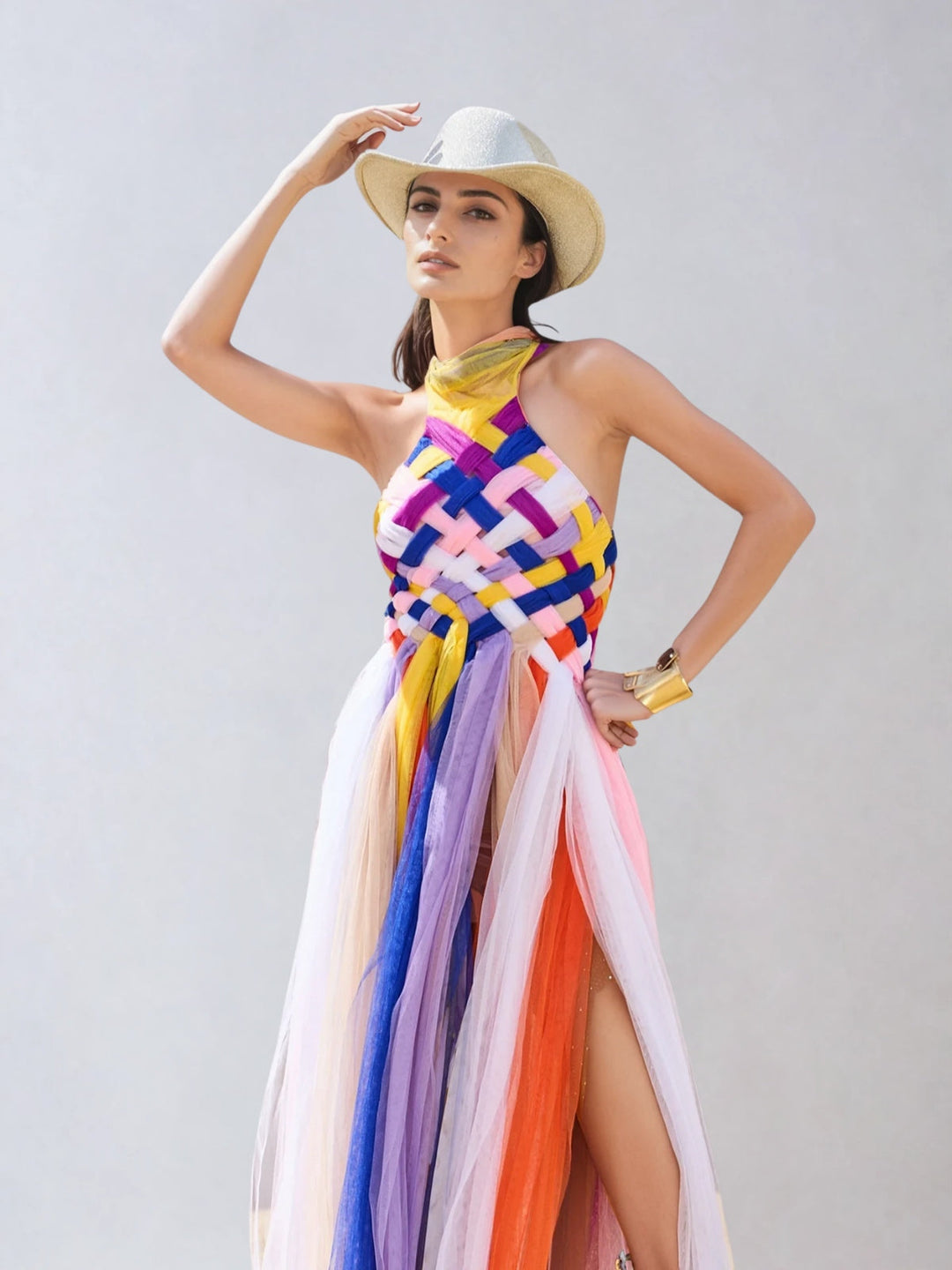 Meyren Backless Weave Mesh Maxi Dress