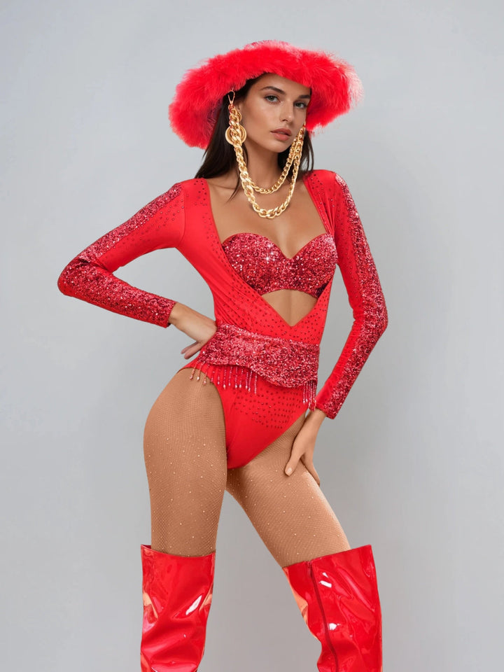 Myren Long Sleeve Rhinestone Cutout Bodysuit