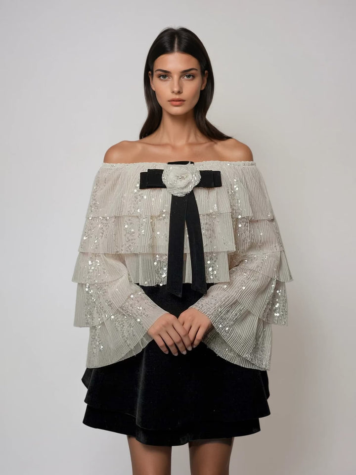 Nyrixon Off Shoulder Sequin Velvet Skirt Set