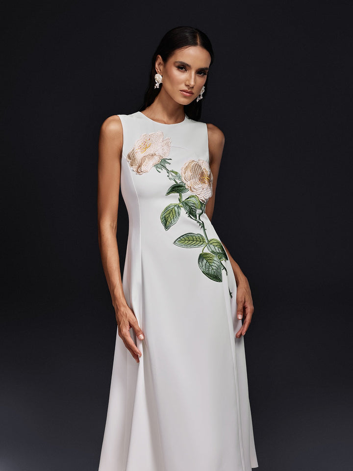 Ogima Sleeveless Flower Embroidered Midi Dress In White