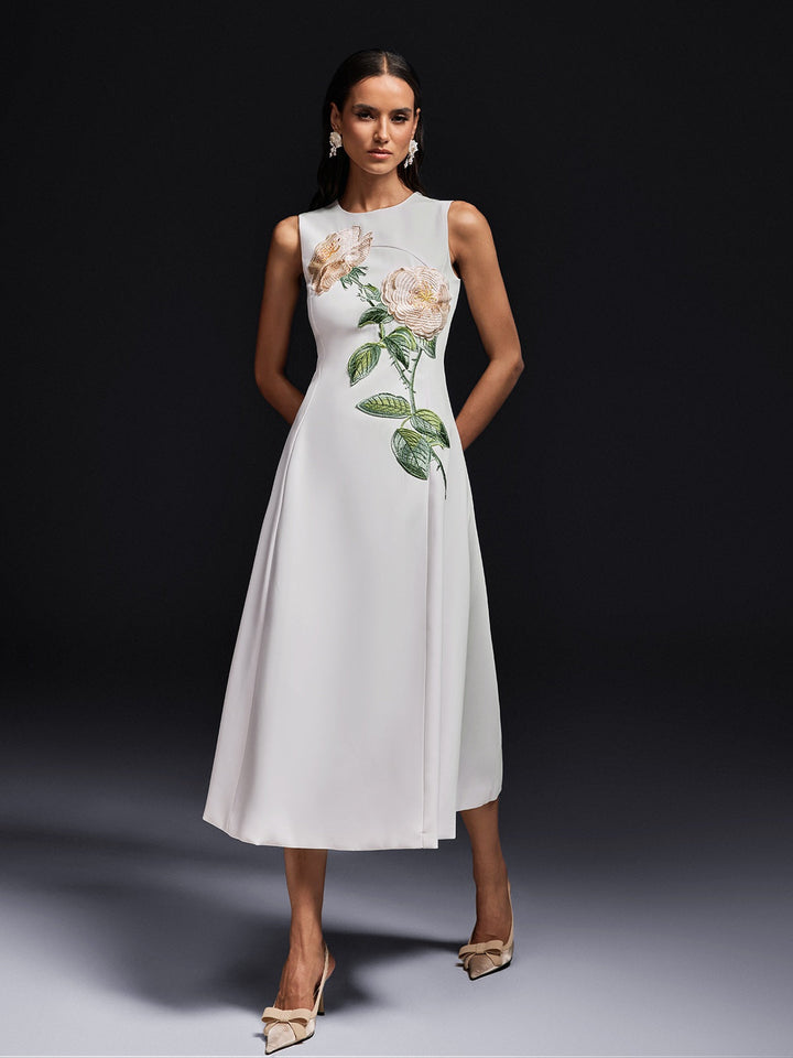 Ogima Sleeveless Flower Embroidered Midi Dress In White
