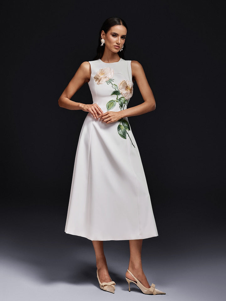 Ogima Sleeveless Flower Embroidered Midi Dress In White