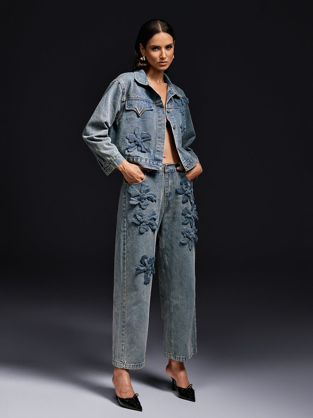 Olliana Flower Denim Jacket Set
