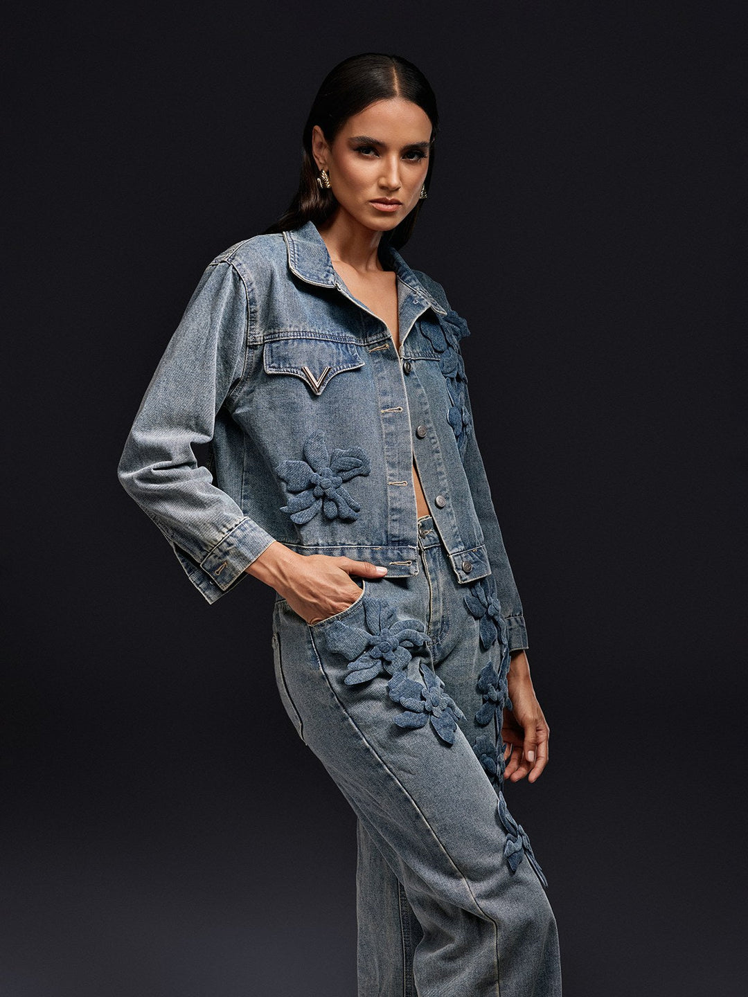 Olliana Flower Denim Jacket Set