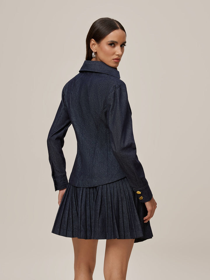 Onaedo V Neck Pleated Denim Skirt Set