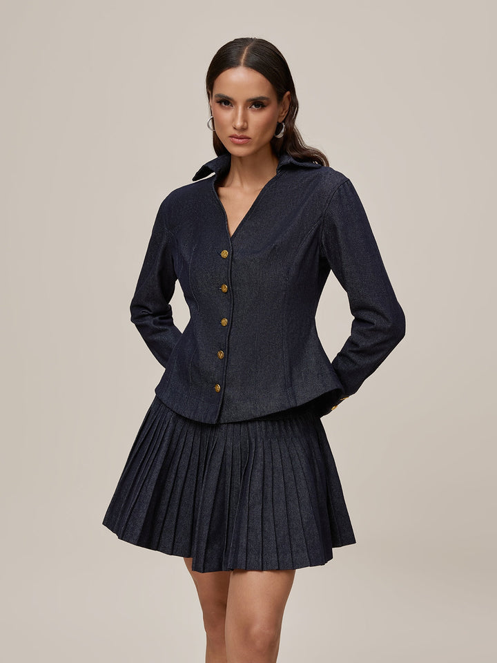 Onaedo V Neck Pleated Denim Skirt Set
