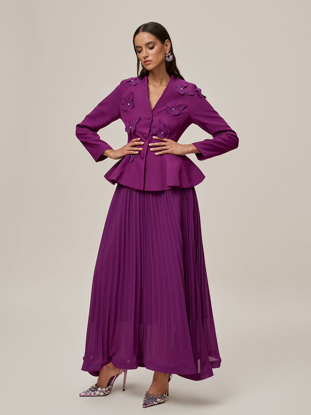 Oraefo V Neck Butterfly Pleated Skirt Set