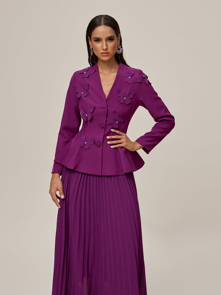 Oraefo V Neck Butterfly Pleated Skirt Set