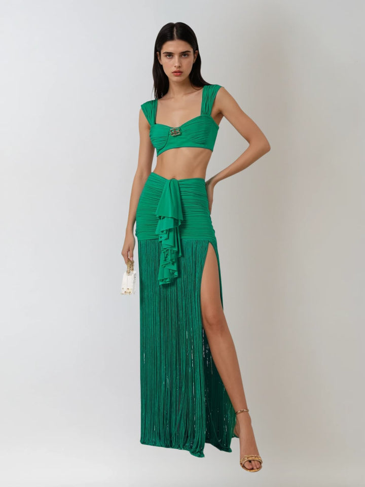 Ourania Ruched Fringe Skirt Set