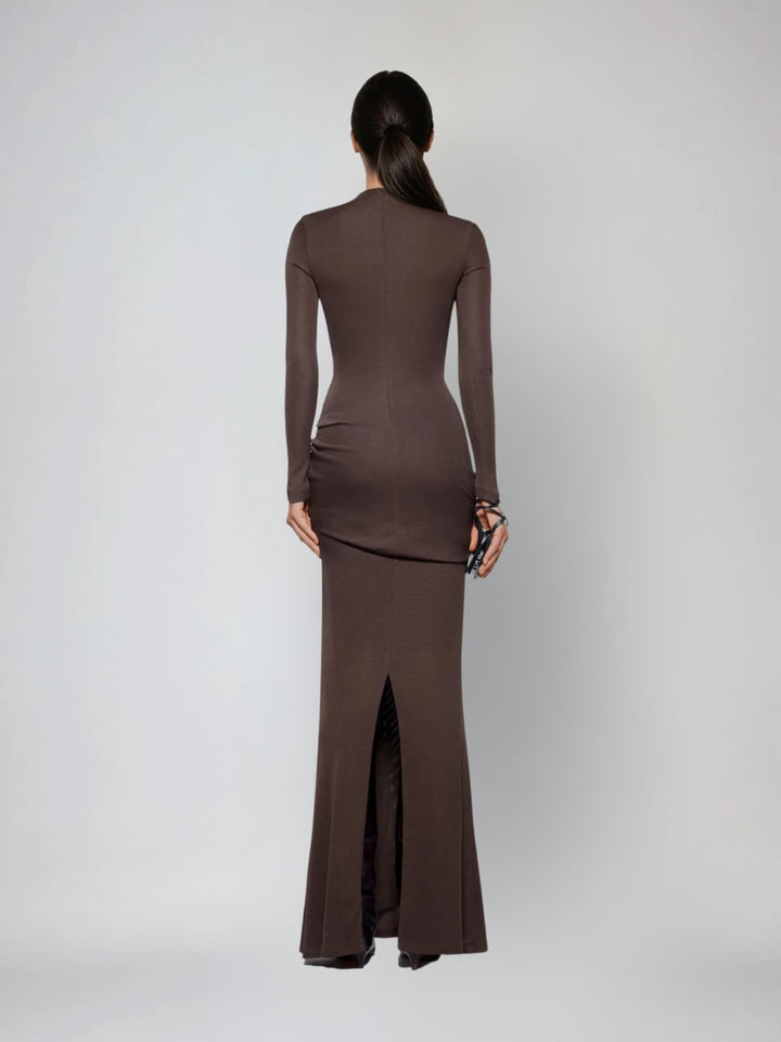 Paeltrix Long Sleeve Ruched Maxi Dress In Brown