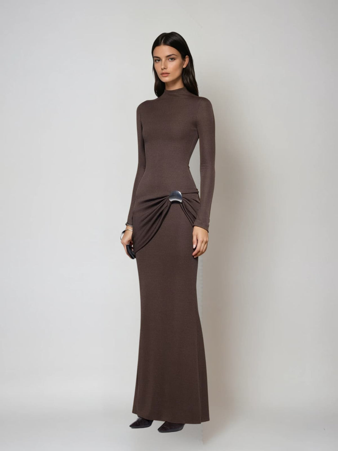 Paeltrix Long Sleeve Ruched Maxi Dress In Brown