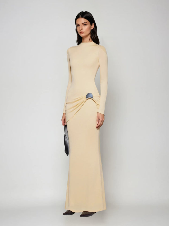 Paeltrix Long Sleeve Ruched Maxi Dress In Butter Yellow