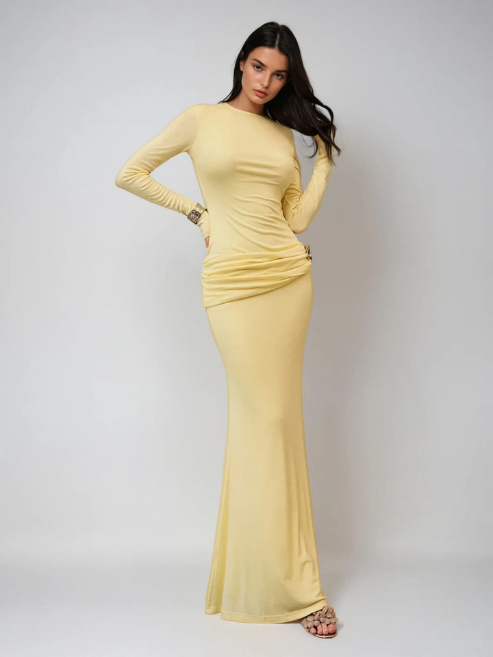 Paeltrix Long Sleeve Ruched Maxi Dress In Butter Yellow