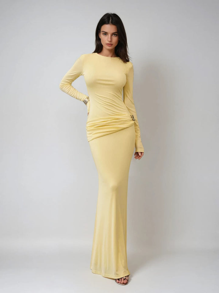 Paeltrix Long Sleeve Ruched Maxi Dress In Butter Yellow