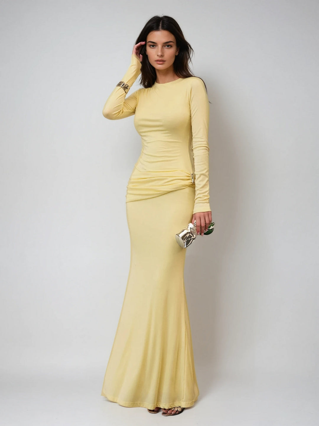 Paeltrix Long Sleeve Ruched Maxi Dress In Butter Yellow