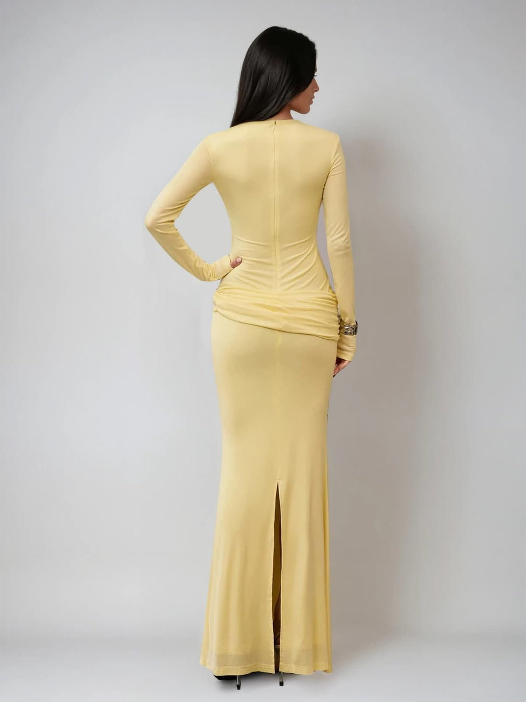 Paeltrix Long Sleeve Ruched Maxi Dress In Butter Yellow
