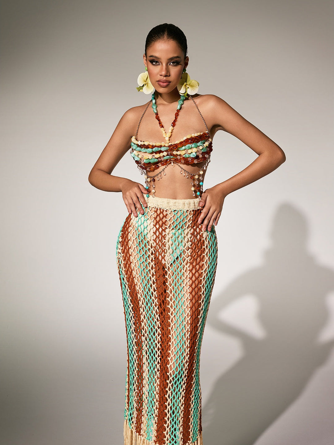 Pthara Beaded Cutout Knitted Fringe Skirt Set