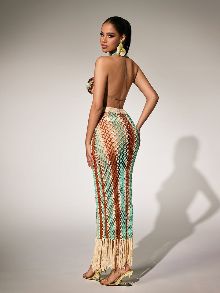 Pthara Beaded Cutout Knitted Fringe Skirt Set