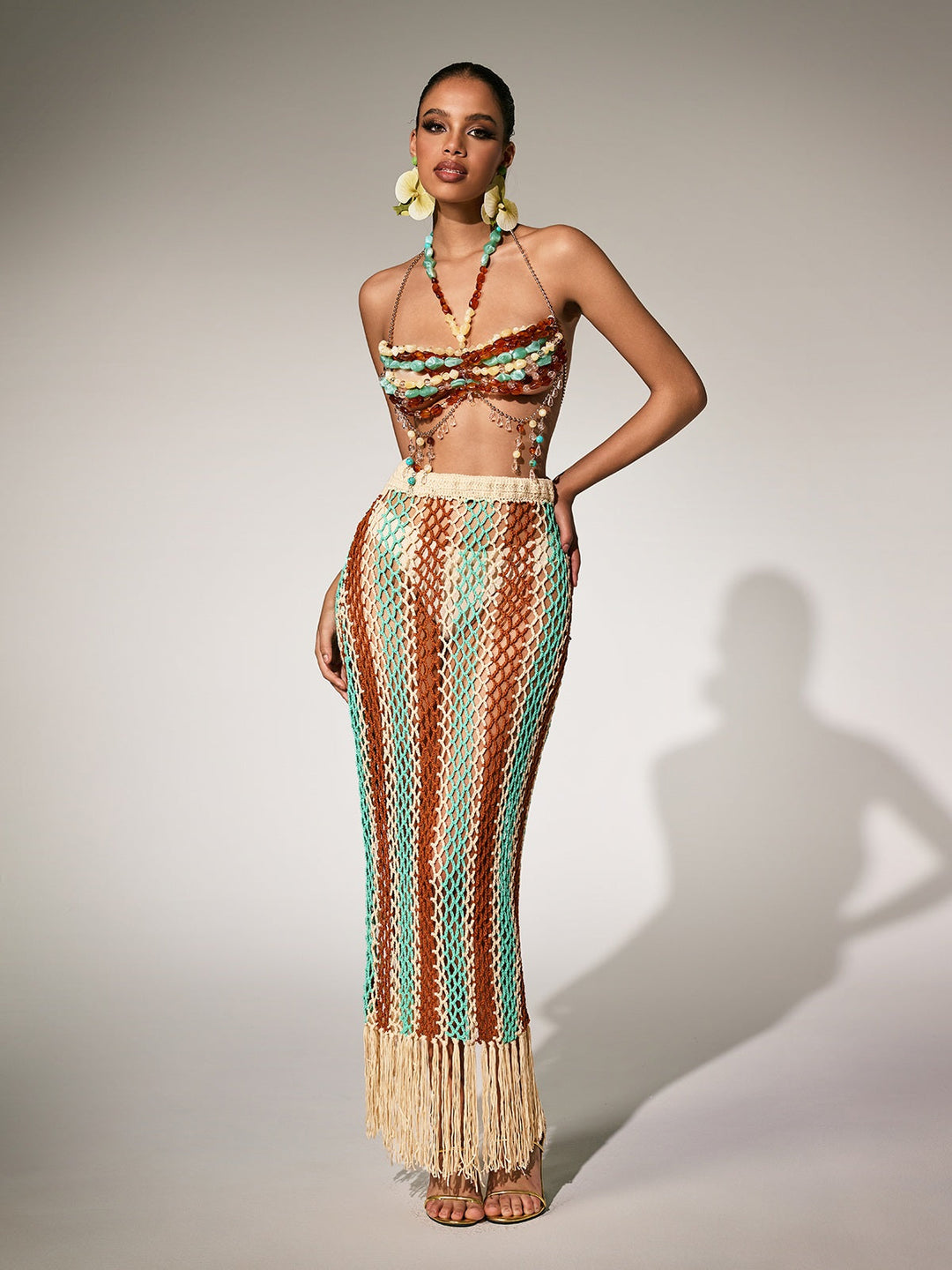 Pthara Beaded Cutout Knitted Fringe Skirt Set