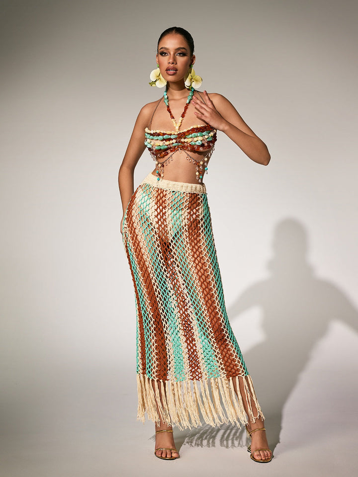 Pthara Beaded Cutout Knitted Fringe Skirt Set