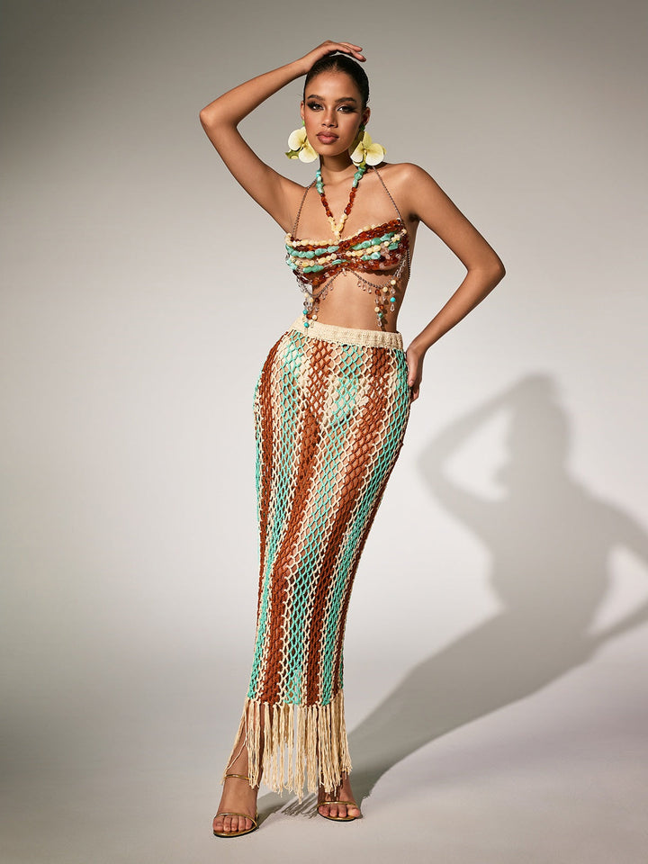 Pthara Beaded Cutout Knitted Fringe Skirt Set