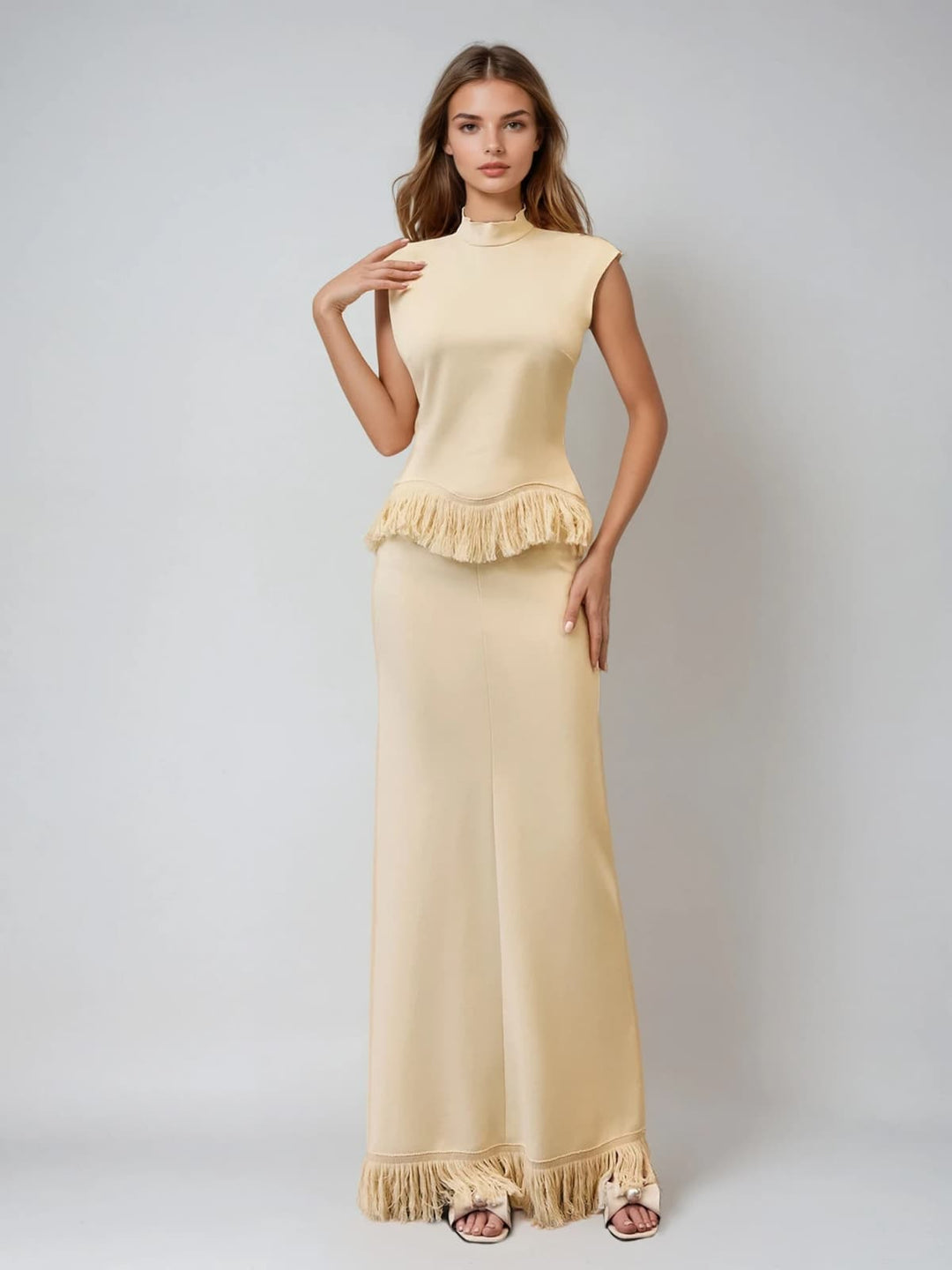 Saldrex Sleeveless Fringe Skirt Set