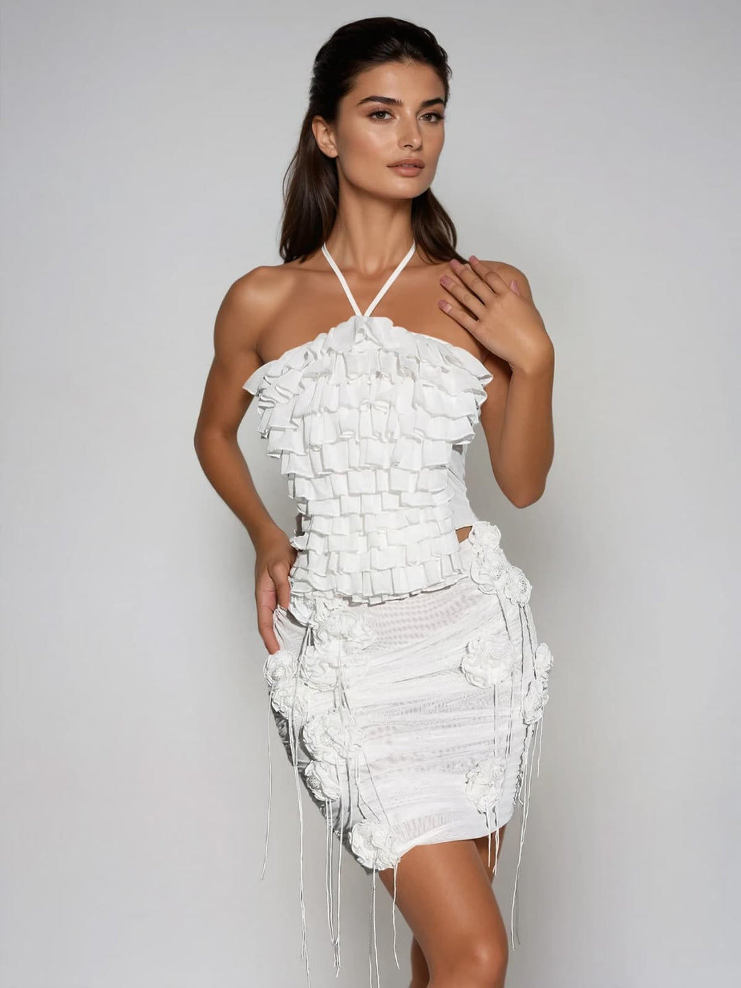 Sarabi Halterneck Ruched Flower Skirt Set