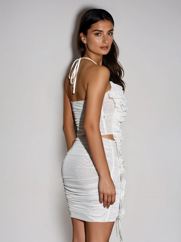 Sarabi Halterneck Ruched Flower Skirt Set